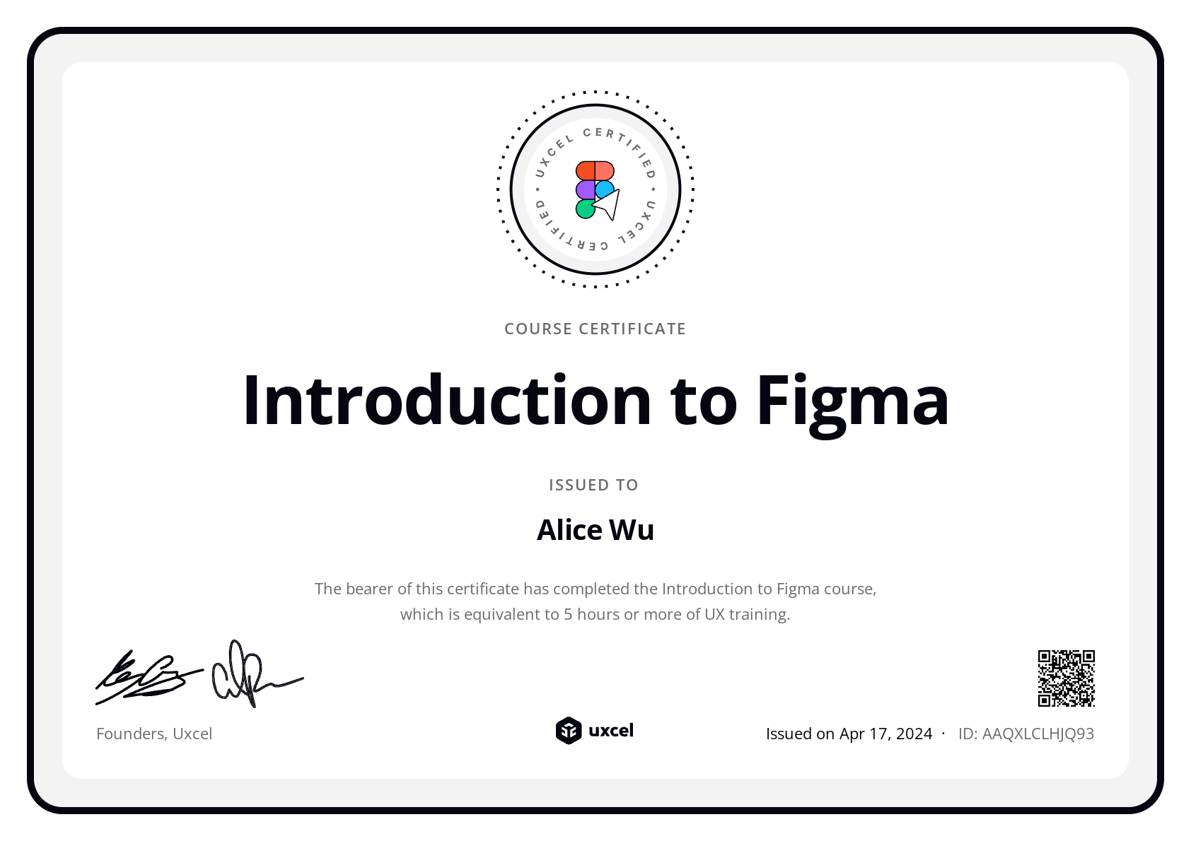 Alice Wu's certificate